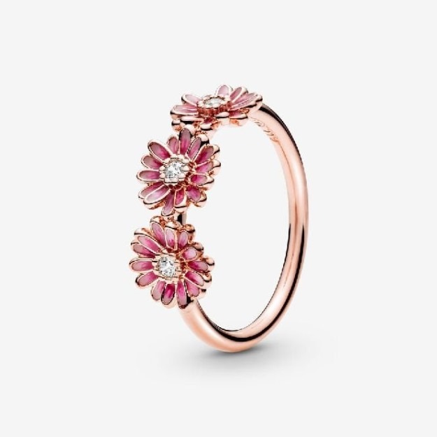 Rose Pink Daisy Flower Trio Ring UK Pandora
